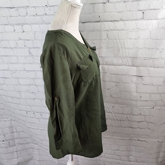 ROZ & ALI WOMEN'S ARMY GREEN TOP  1/4 QUARTER ZIP ROLL SLEEVE OPTION SIZE SMALL - Picture 3 of 7